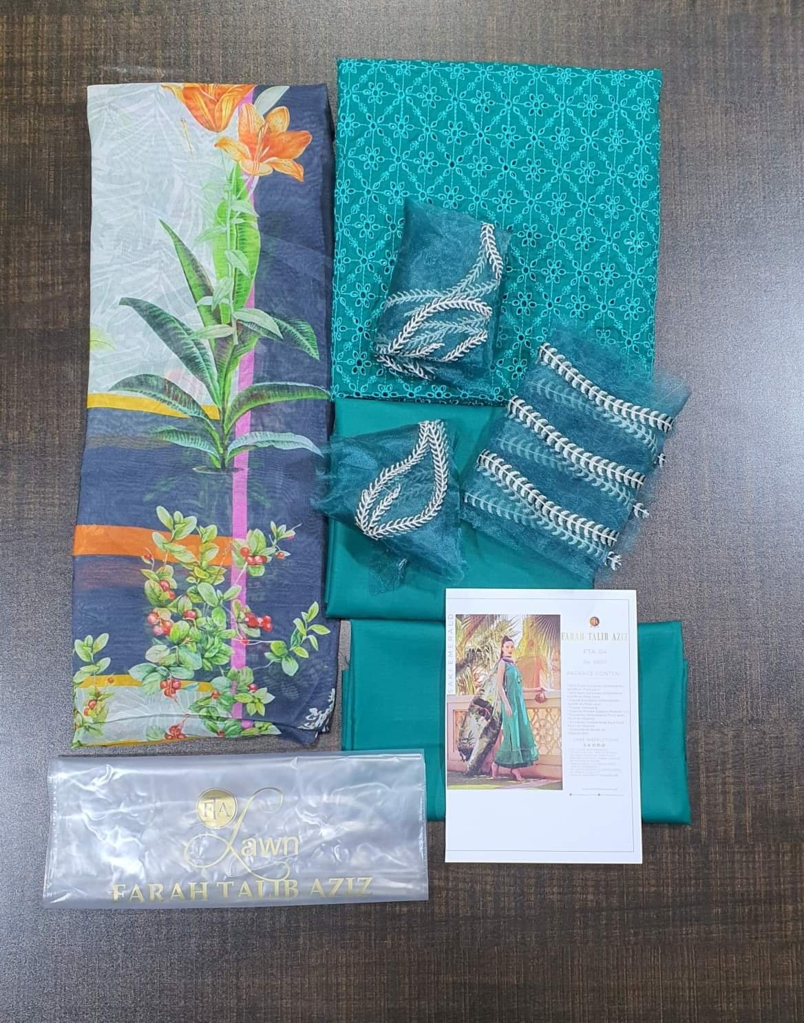 Farah Talib Aziz Mera Luxe Lawn king copy suit Saki Emerald