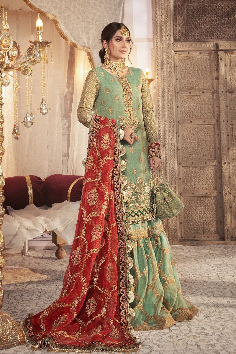 Maria b Mbroidered Bridal Wedding Master King Replica Pakistani velvet mint Suit D3