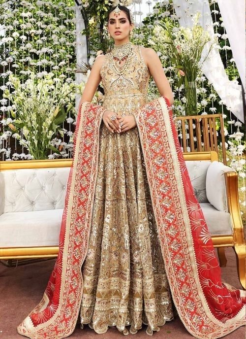 Maryum n maria sking gold bridal collection master king copy pakistani suit maxi lehnga