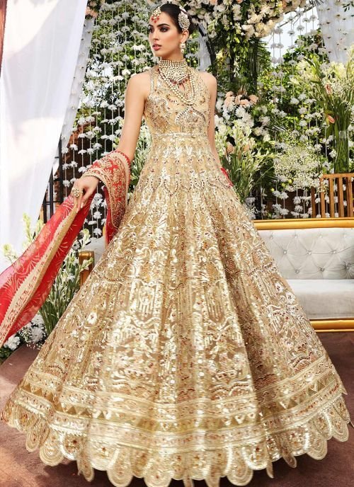 Maryum n maria sking gold bridal collection master king copy pakistani suit maxi lehnga