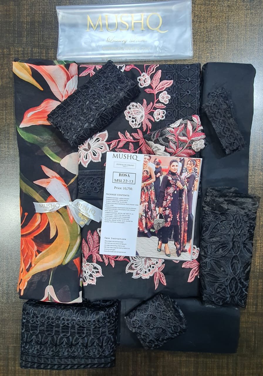 Mushq Replica Suit -Festival-De-Verano-Luxury-Lawn-Collection-2022-MSL22-13-Rosa master king replica pakistani suit black