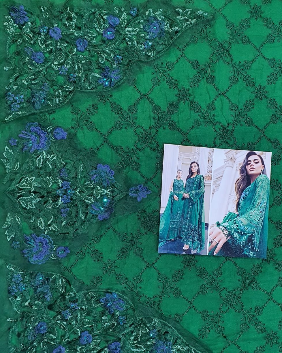 Maria b 2023 silk chiffon bottle green in karachi fancy handwork collection master replica online best quality 2022 master replica bridal maxi 2022 chiffon wedding 2022 pakistani master king replica suit maxi